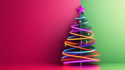 A Christmas tree made of glowing neon strips in pink, blue, green, and purple, set on a flat red surface against an empty background, evoking a festive yet elegant holiday vibe