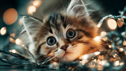 Adorable tabby kitten surrounded by glowing warm string lights with a shallow depth of field, perfect for a Christmas theme.