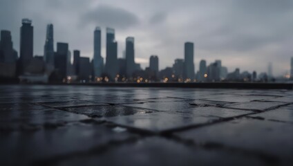 Cityscape Reflection on Wet Pavement Under Overcast Sky.