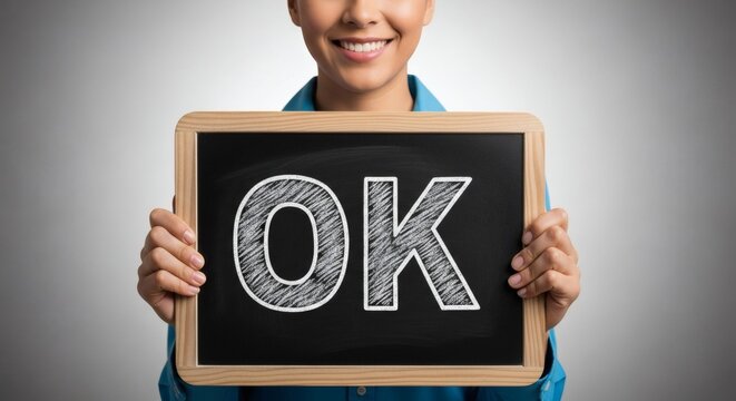 OK Sign Smiling woman holds slate with OK message on bright backdrop.