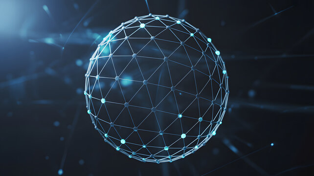 A digital sphere with connected nodes floating in a dark blue abstract space