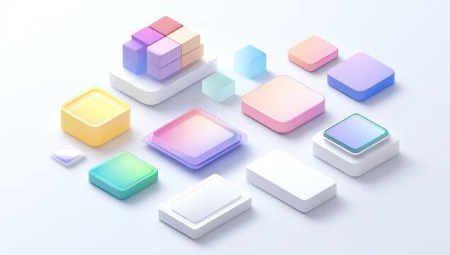 Abstract composition of colorful, square, 3D shapes on a light background