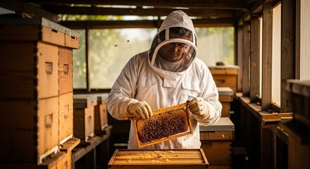 Beekeeper inspecting a honeycomb frame in a bee colony setting