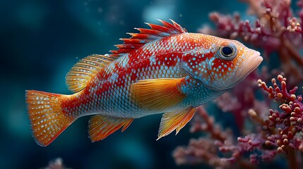 Vibrant underwater photograph of a colorful exotic fish with red and orange spots swimming gracefully near a coral reef in deep blue and red water.