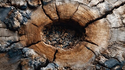 Ultra-detailed macro photograph captures the cross-section of an ancient, weathered tree trunk, revealing its intricate growth rings and deep cracks.