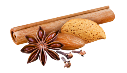 Cinnamon sticks, star anise, almonds and cloves isolated on transparent background  PNG cut out
