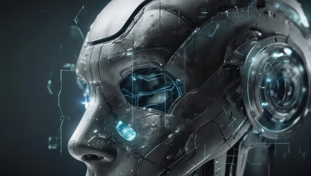 Close up of a futuristic robot head with glowing blue eyes.