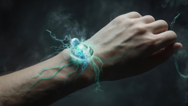 Close up of a human hand with a glowing blue energy orb attached to the wrist emitting sparks and smoke.
