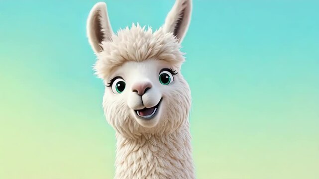 Cute animated llama with big green eyes, tilted head