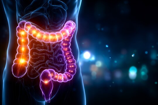 Medical illustration shows human colon with ulcerative colitis inflammation