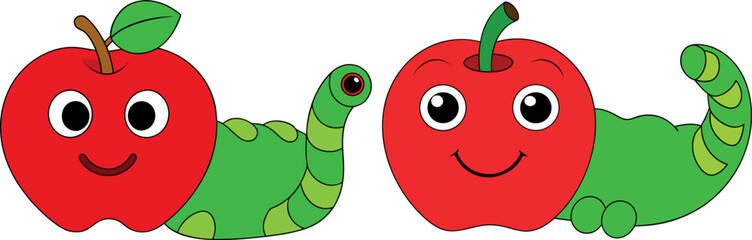 Cute Worm with Apple, Cartoon Fruit and Insect, Apple Worm Illustration, Funny Bug Artwork, Kids Educational Clipart, Classroom Animal Design, Fruit Character Vector, Cute Apple Drawing, Nature Cartoo