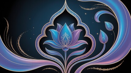 Intricate Sapphire and Gold Arabesque Background with Stylized Lotus Flower and Liquid Flowing Elements