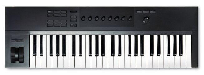Black Synthesizer or MIDI controller keyboard is shown, featuring keys, knobs, and control buttons...