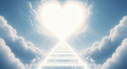 A stairway to heaven with a heart shaped light in the sky above