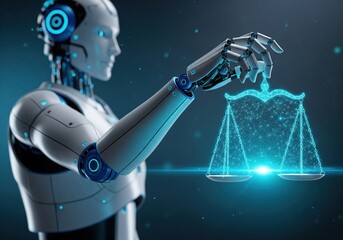 An AI robot holds a digital scale, symbolizing justice and technology. The robot's sleek design contrasts with the futuristic scale, creating a thought-provoking image
