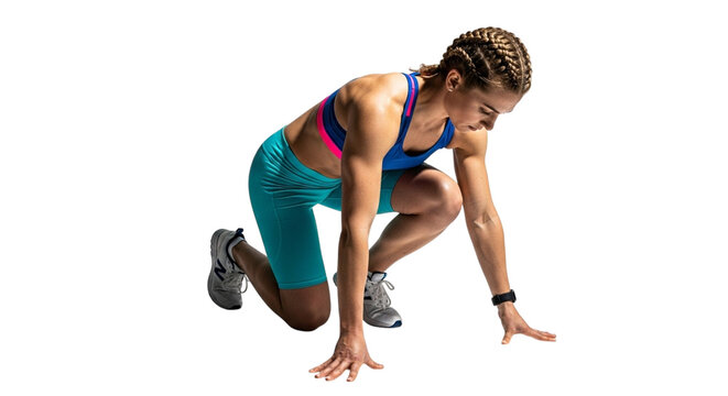 Female athlete in a starting position, ready to run