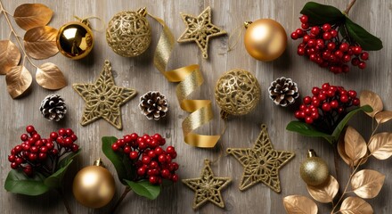 Elegant Christmas flat-lay with gold baubles, stars, ribbon curls, pinecones, berries, and warm festive lighting on a textured neutral background.
