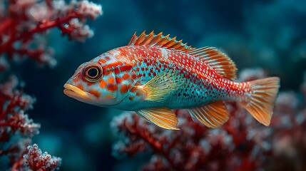 Vibrant underwater photograph of a colorful exotic fish with red and orange spots swimming gracefully near a coral reef in deep blue and red water.