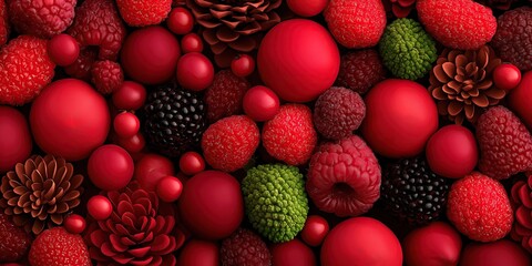 Red background with numerous red spheres and berries red flowers green fruits red apples and black pine cones for festive arrangement