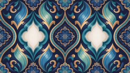 Opulent Ottoman Arabesque Pattern with Liquid Gold Accents on Deep Indigo Background