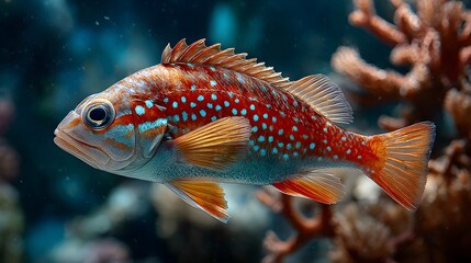 Vibrant underwater photograph of a colorful exotic fish with red and orange spots swimming gracefully near a coral reef in deep blue and red water.