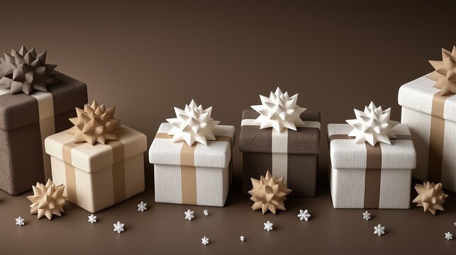 Several gift boxes with white and beige ribbons on a brown background with small snowflakes scattered around the scene arranged in rows on both sides of an angle