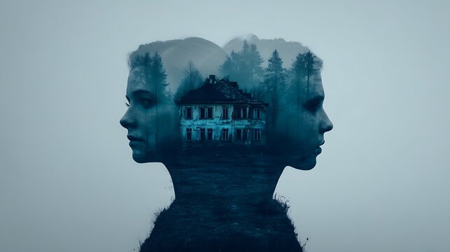 A haunting double exposure image of two faces merging with an abandoned house and silhouetted trees, evoking themes of memory and mystery.