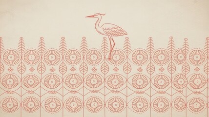 Stylized Scandinavian Folk Embroidery Pattern with Central White Heron Illustration on Parchment Background