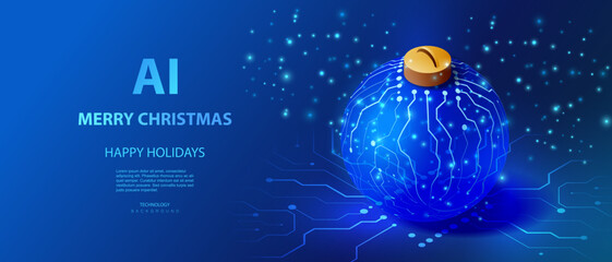 Christmas AI holiday card in technology style with circuit lighting sphere ball on board. Isometric futuristic x-mas vector banner. Happy tech holiday.