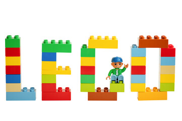 Naklejka premium The word Lego made of colorful plastic blocks