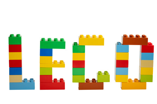 The word "Lego"  made of plastic building multicolored Lego bricks  Isolated on white background