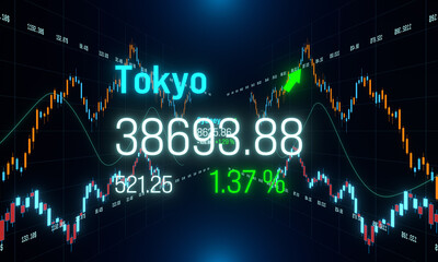 Stock market chart, ticker and global index price information. Investment, market data, trading, risk, graph, strategy. 3D illustration