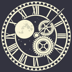 Detailed Steampunk Clock with Moon and Gears on Dark Background clock face roman numerals