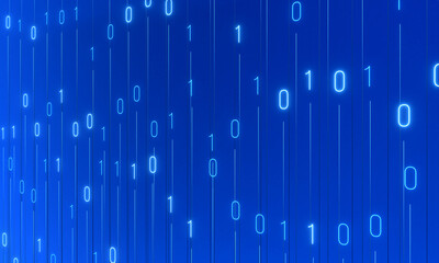Obraz premium Abstract binary code moving up and down agains blue background. Digital, technology, data, encryption, process.