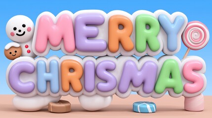 3d text Merry Christmas with candy lollipops and a gingerbread man in the background for holiday celebration