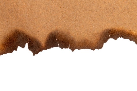 Burnt torn brown paper edge with smoky texture on white background with clipping path