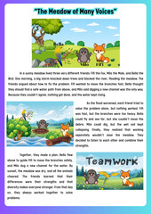 Illustrated story for children exploring valuable lessons in teamwork, friendship, and overcoming challenges, featuring animal characters collaborating in a vibrant meadow setting