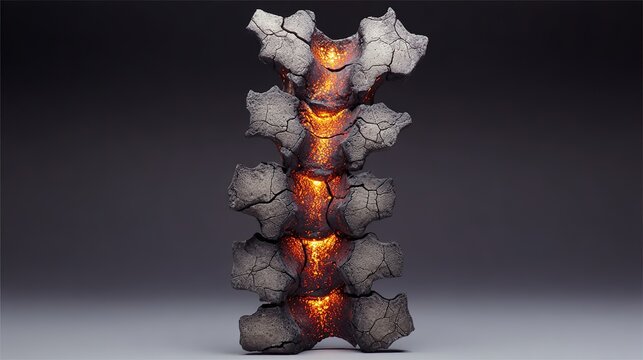 foremost. A sculptural representation of a human spine made of cracked stone with five points of intense pressure glowing warmly. wellbeing guides.