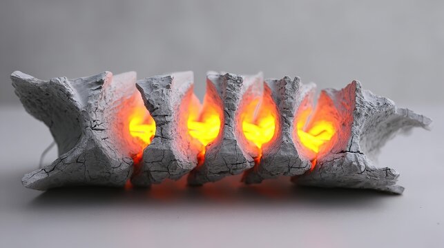 foremost. A sculptural representation of a human spine made of cracked stone with five points of intense pressure glowing warmly. wellbeing guides.