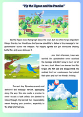 A heartwarming tale of Pip the blue pigeon learning the importance of responsibility, friendship, and keeping promises in a vibrant park setting