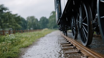 Close-Up of Wheels Slicing Through Muddy Water on a Rainy Day Near the Train Track