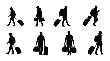 Traveler silhouettes with luggage isolated on white background, Vector