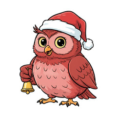 Festive cartoon owl holds bell, wearing Santa hat