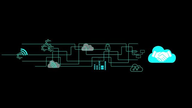 IT cloud engineer handshake  platform cloud computing network connections data centers SaaS PaaS architecture access optimization servers reliability scalability. Black background.