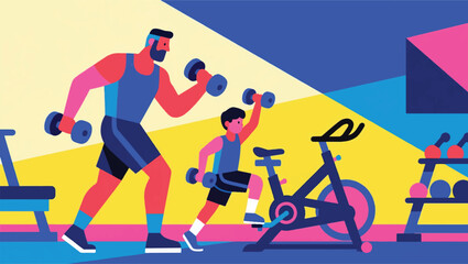 Illustration Of A Father Exercising Accompanied By A Son Vector Design Template