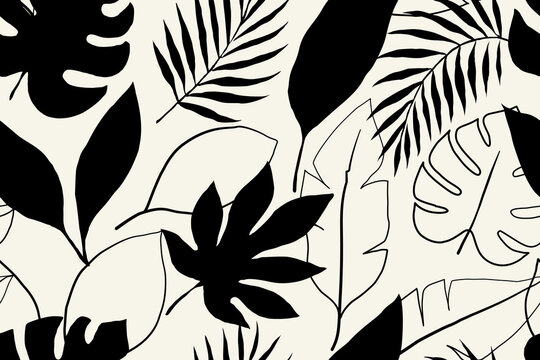 Modern black and white leaf pattern featuring bold tropical foliage silhouettes and elegant botanical line art design, seamless decorative nature background ideal for fabric, wallpaper and prints.