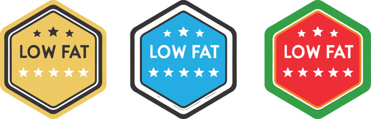 Low fat label set colorful hexagon badge with stars vector illustration for healthy food products and dietary information
