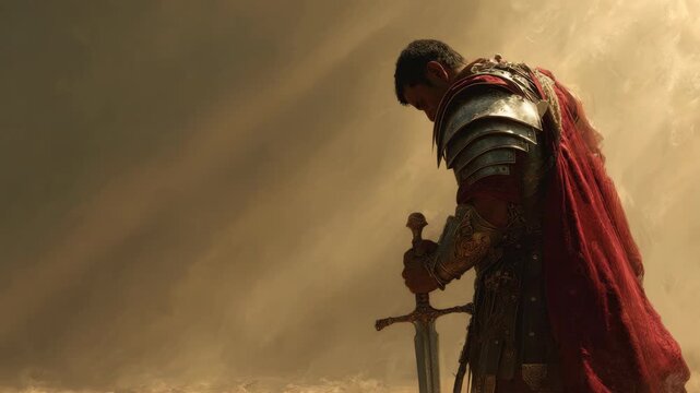 Epic depiction of ancient roman warrior in armor holding sword