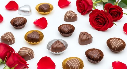 Assortment of gourmet chocolates and red rose petals create a luxurious valentine s day or romantic celebration display