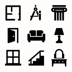 Home design icons: furniture, tools, and interior elements in black